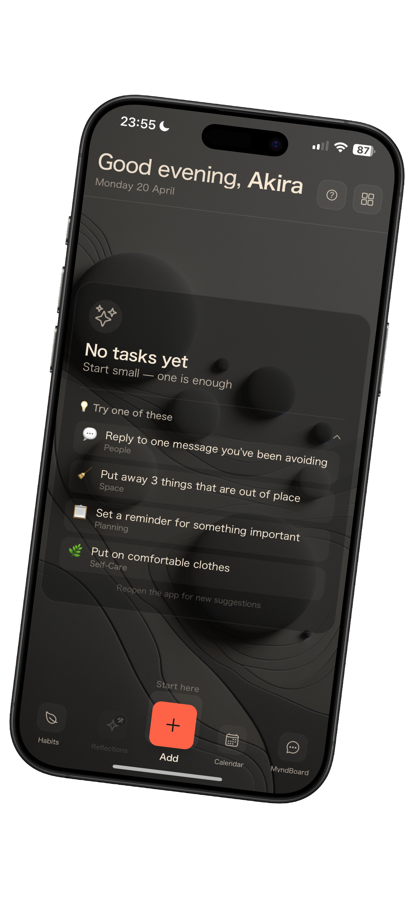 MyndMap app dashboard showing task and mood tracking interface